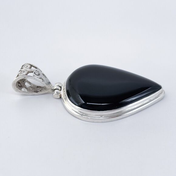 Vintage Sterling Silver 925 Teardrop Onyx Pendant - Picture 3 of 7